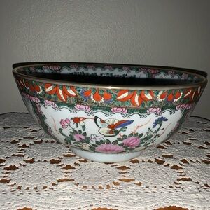 Vintage Andrea bySadek Rose Canton bowl, adorned  blooms, birds& butterflies 10”